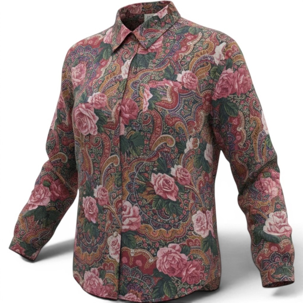 Van Heusen For Her Button Up Large Red Floral Paisley Cottagecore Vintage Blouse